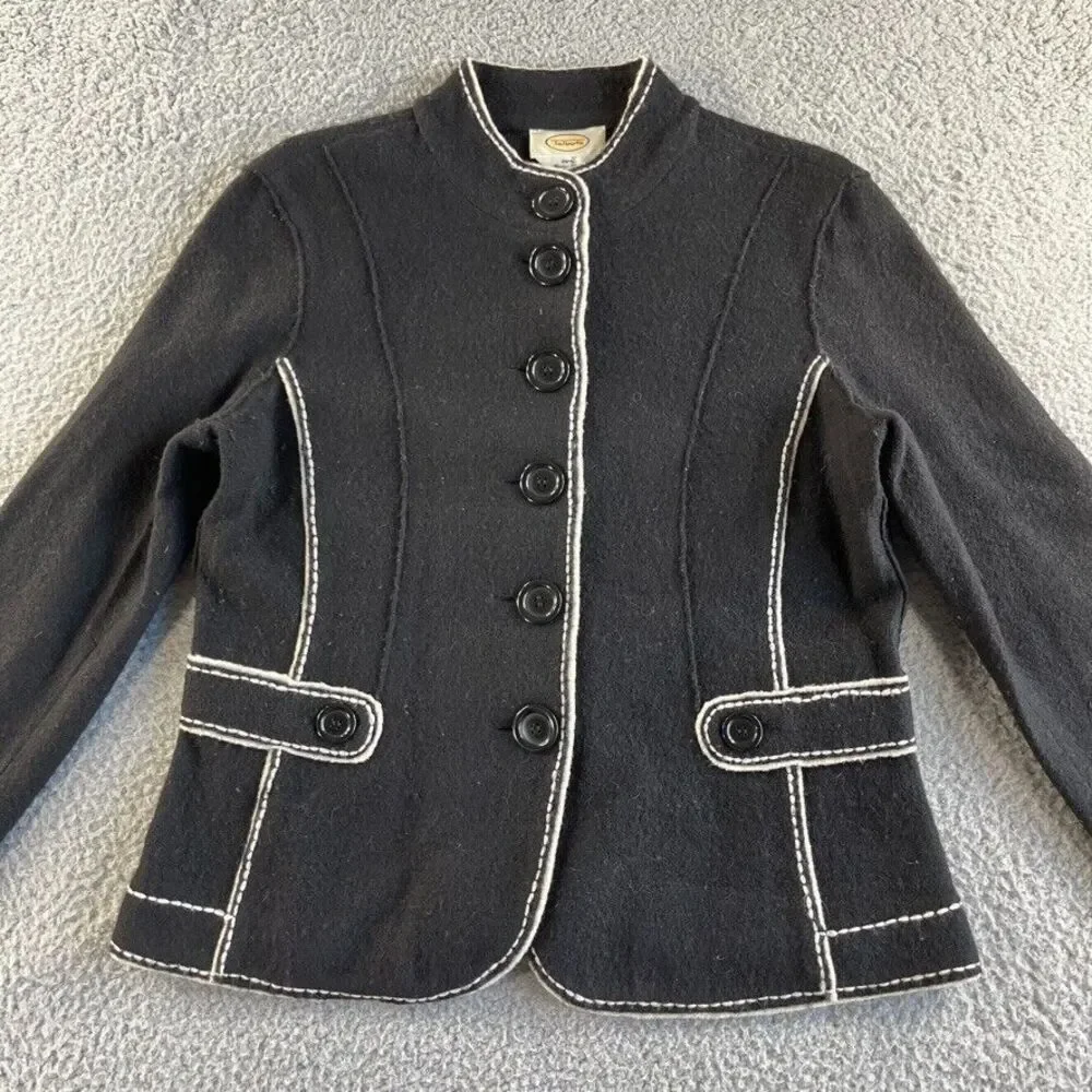 Vintage Talbots Jacket Womens Small Black 100% Merino Wool Coat Military‎ Retro